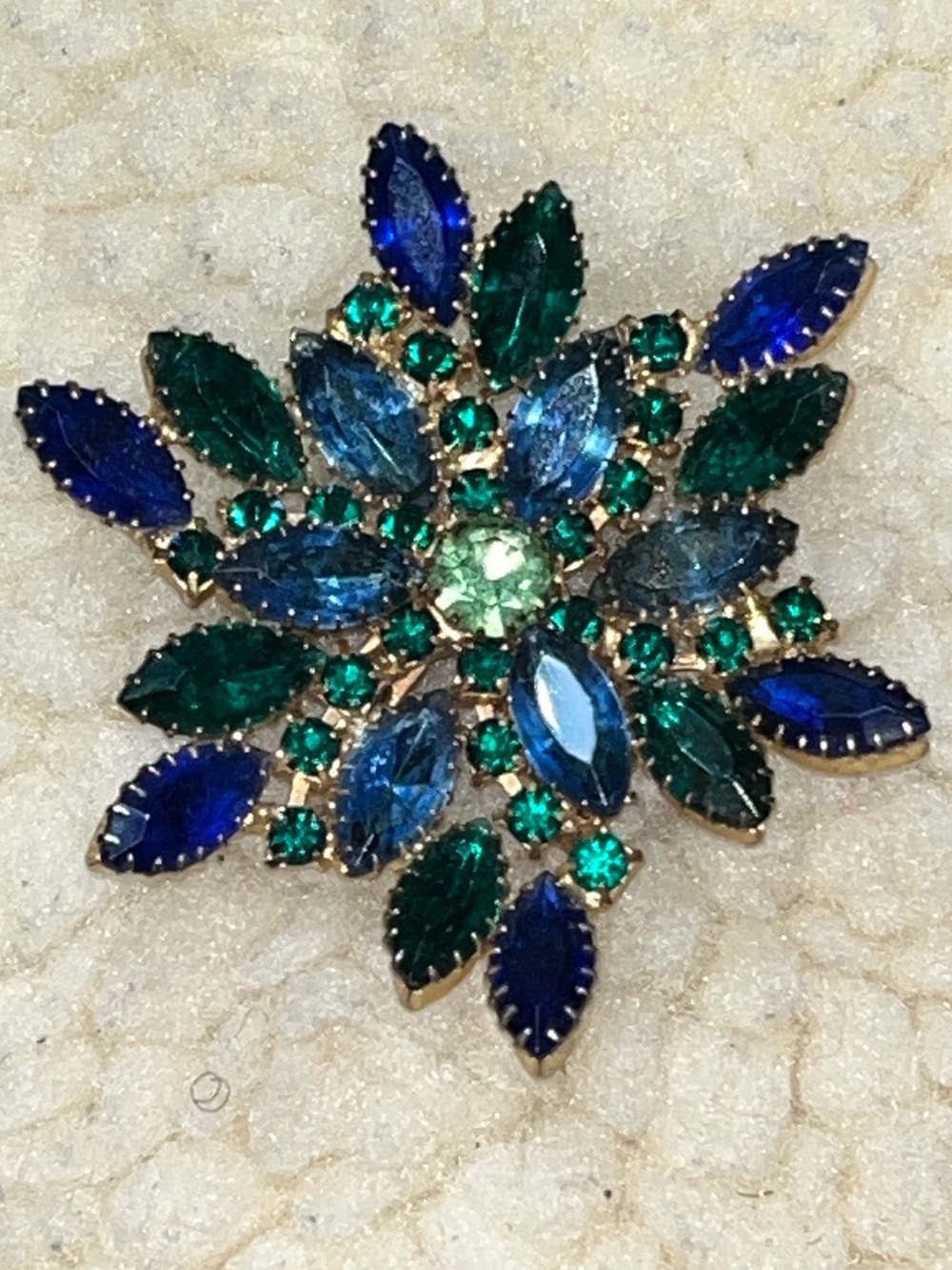 Blue Green Marquise Rhinestone Statement Brooch Gold Tone Floral Pin